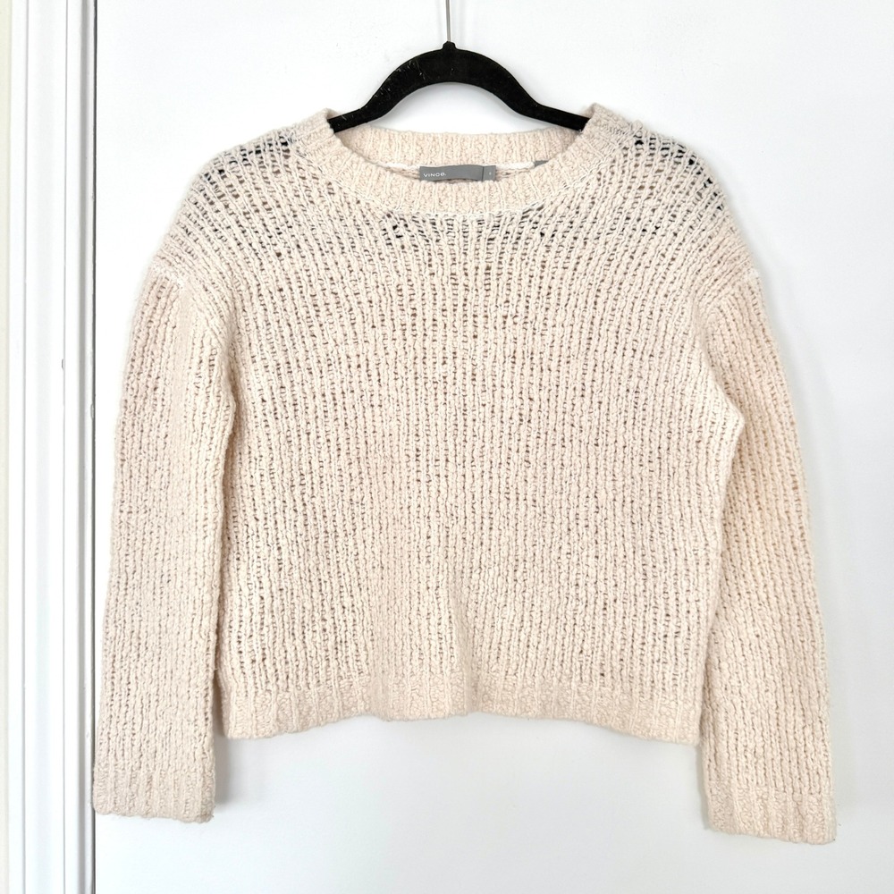 Vince Merino Wool Blend Open Knit Crewneck Sweater Cream Women's Medium